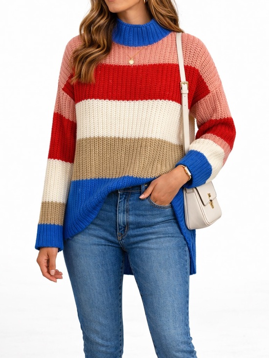 Scripted Sweaters - Scripted Colorblock Chunky Knit Sweater | Bold Stripe | High Low Hem